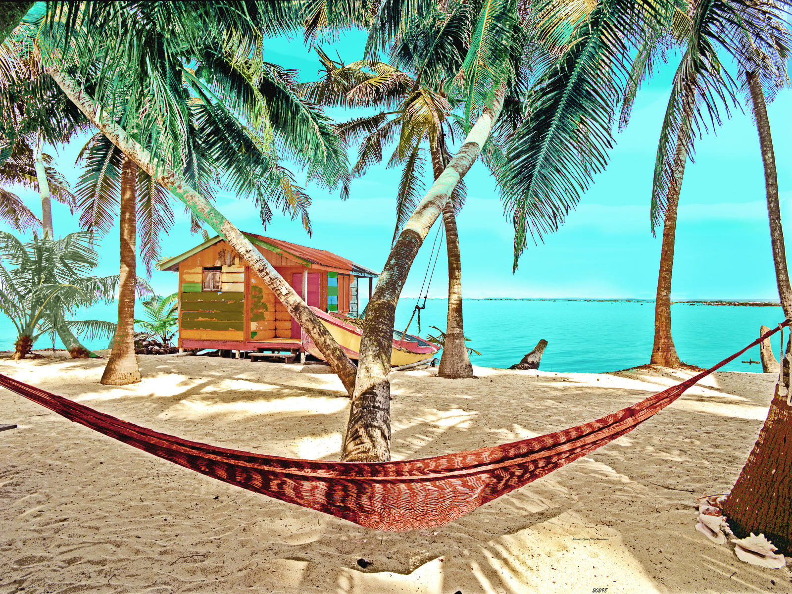 20298  seascape, tropical, hand painted, islands, hammock, boat 9x12.jpg