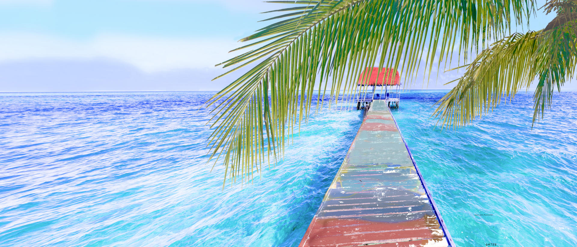 64758p seascape, painted, painted dock caribbean, tropical, palm,.jpg